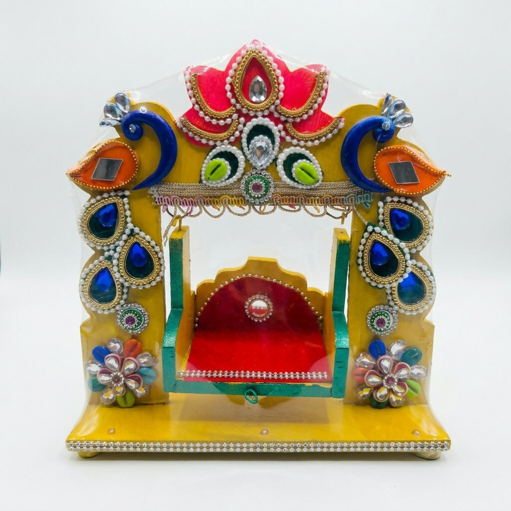 Festive decorated Laddu Gopal Jhula with vibrant colors