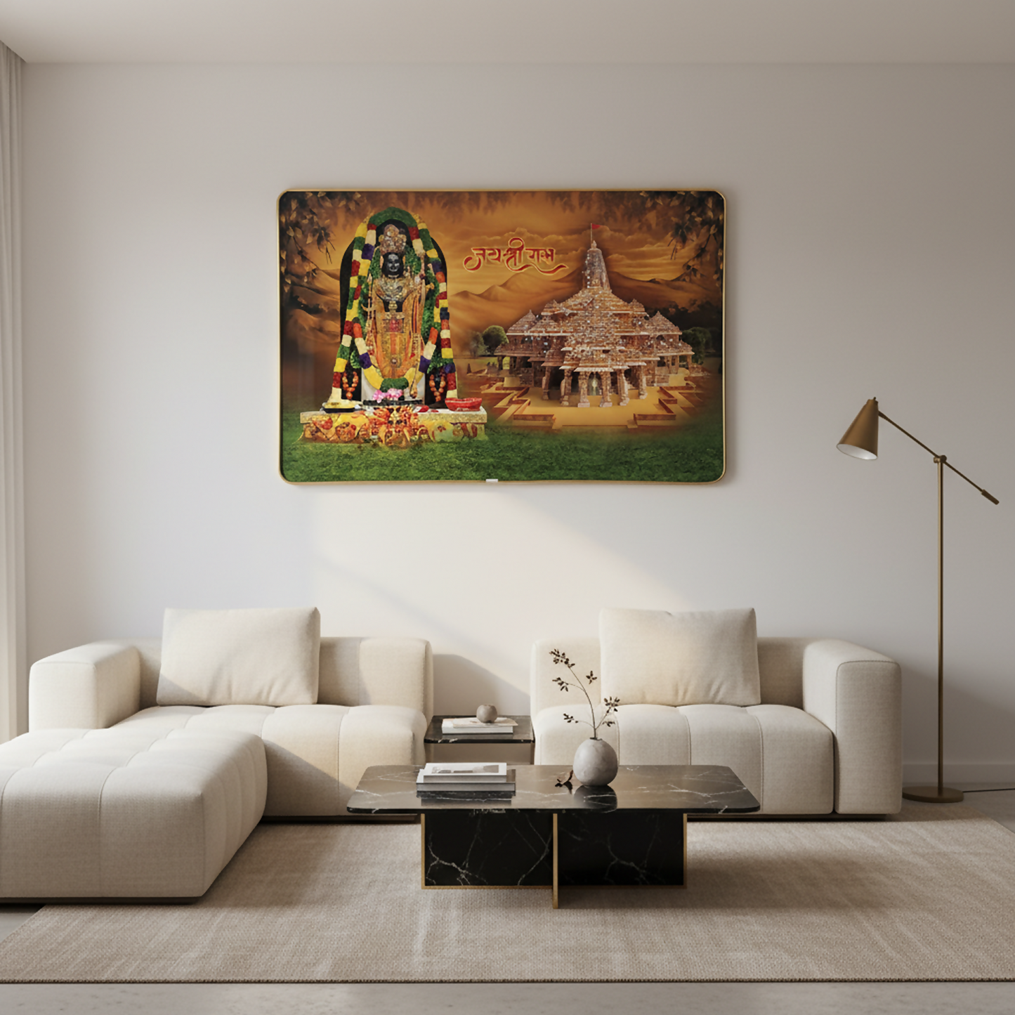 Decorative home wall art featuring Lord Shree Ram and sacred temple imagery