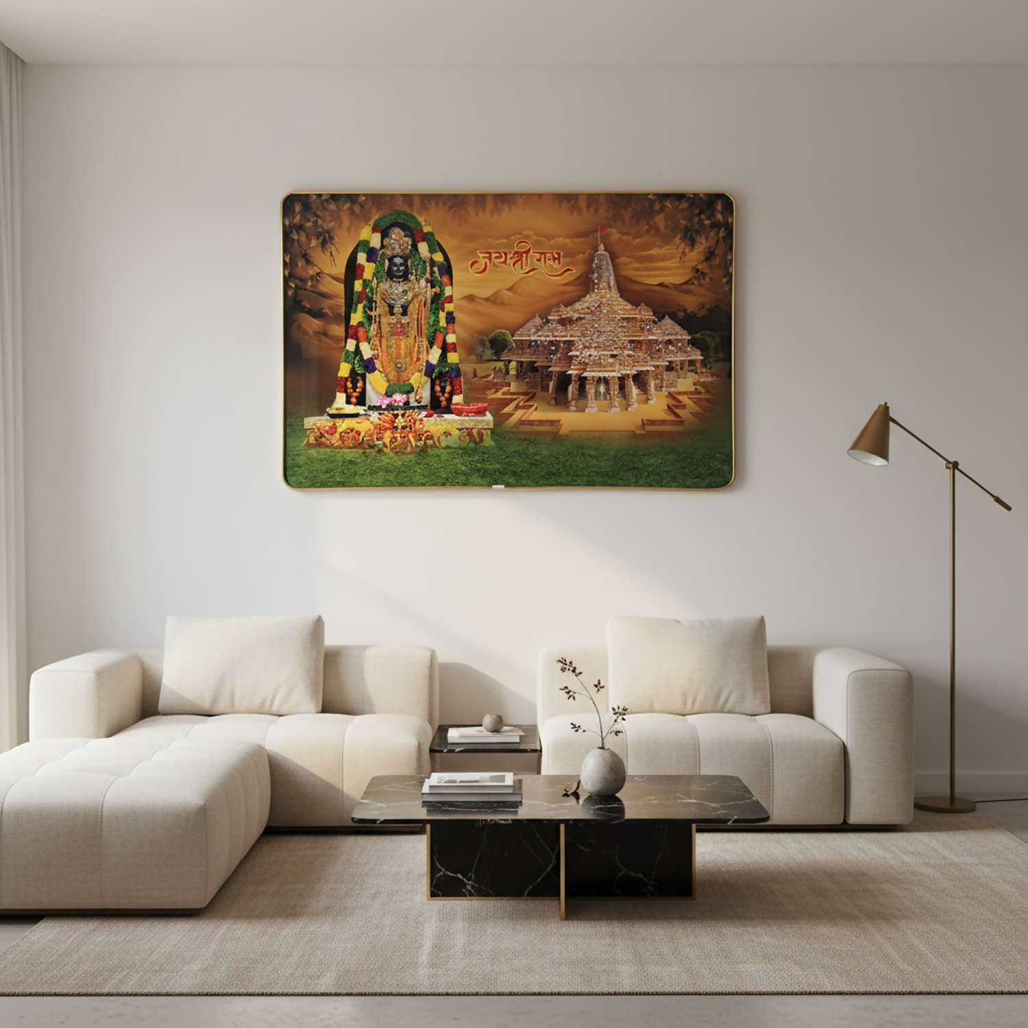 Decorative home wall art featuring Lord Shree Ram and sacred temple imagery