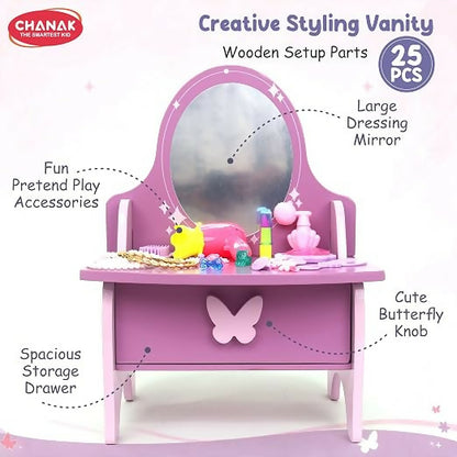 A purple and pink wooden vanity with a butterfly knob, highlighting its features like a large mirror and storage drawer.