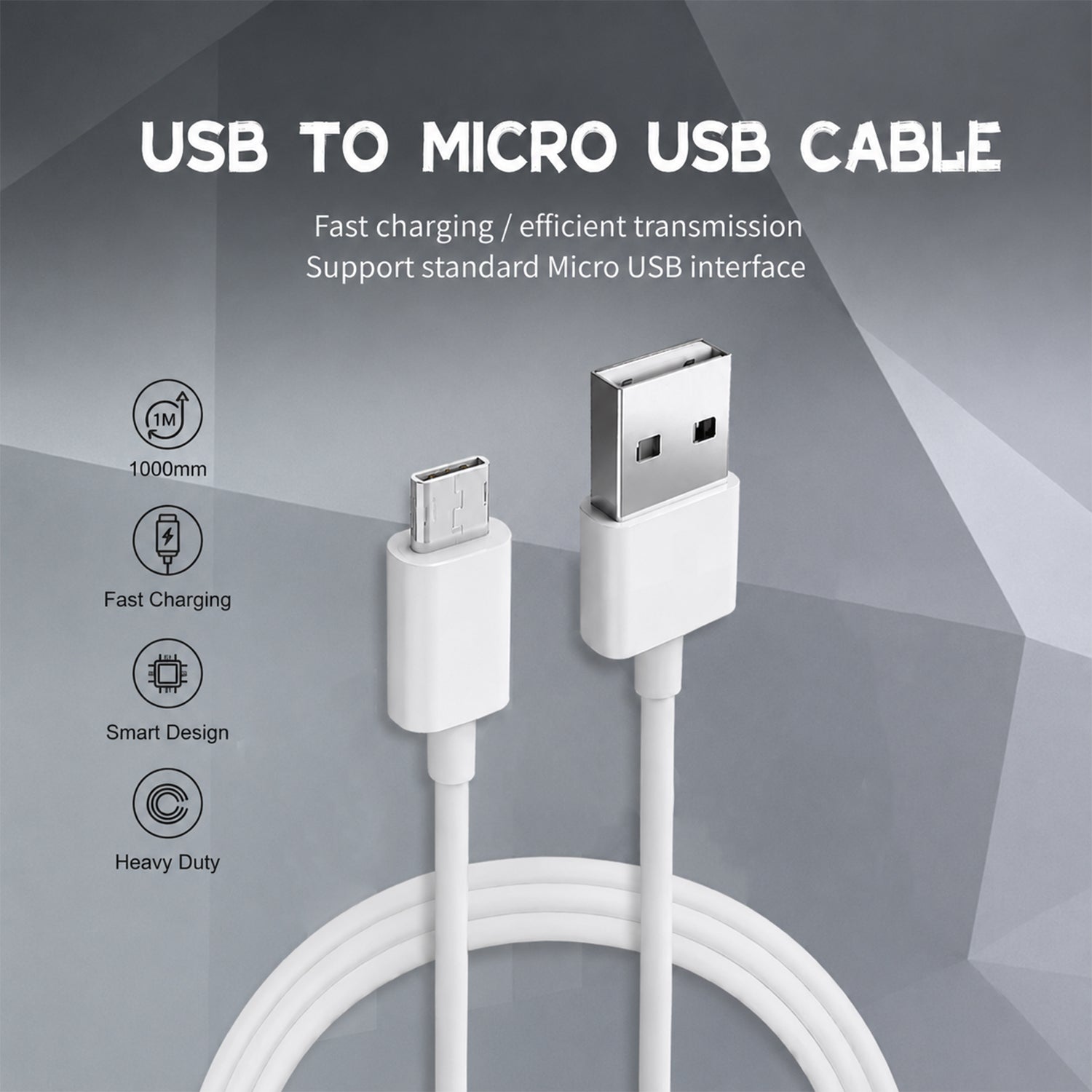 Side angle of white 10W USB to Micro USB charging cable