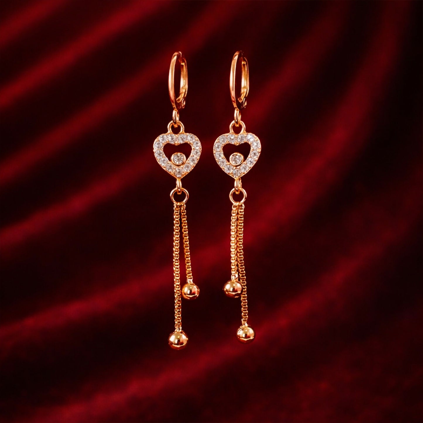 Rose Gold-Tone Crystal Heart Tassel Drop Earrings for Women