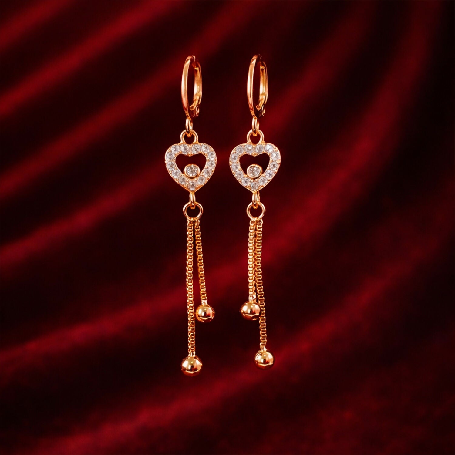 Rose Gold-Tone Crystal Heart Tassel Drop Earrings for Women