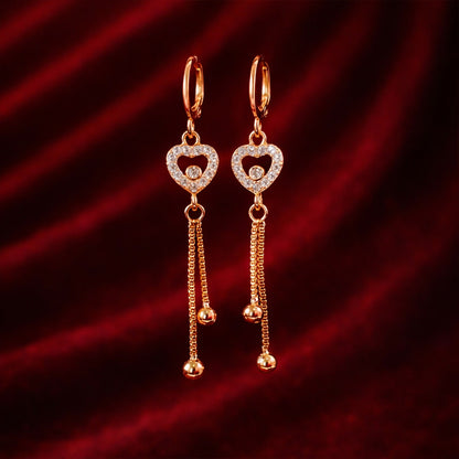 Rose Gold-Tone Crystal Heart Tassel Drop Earrings for Women