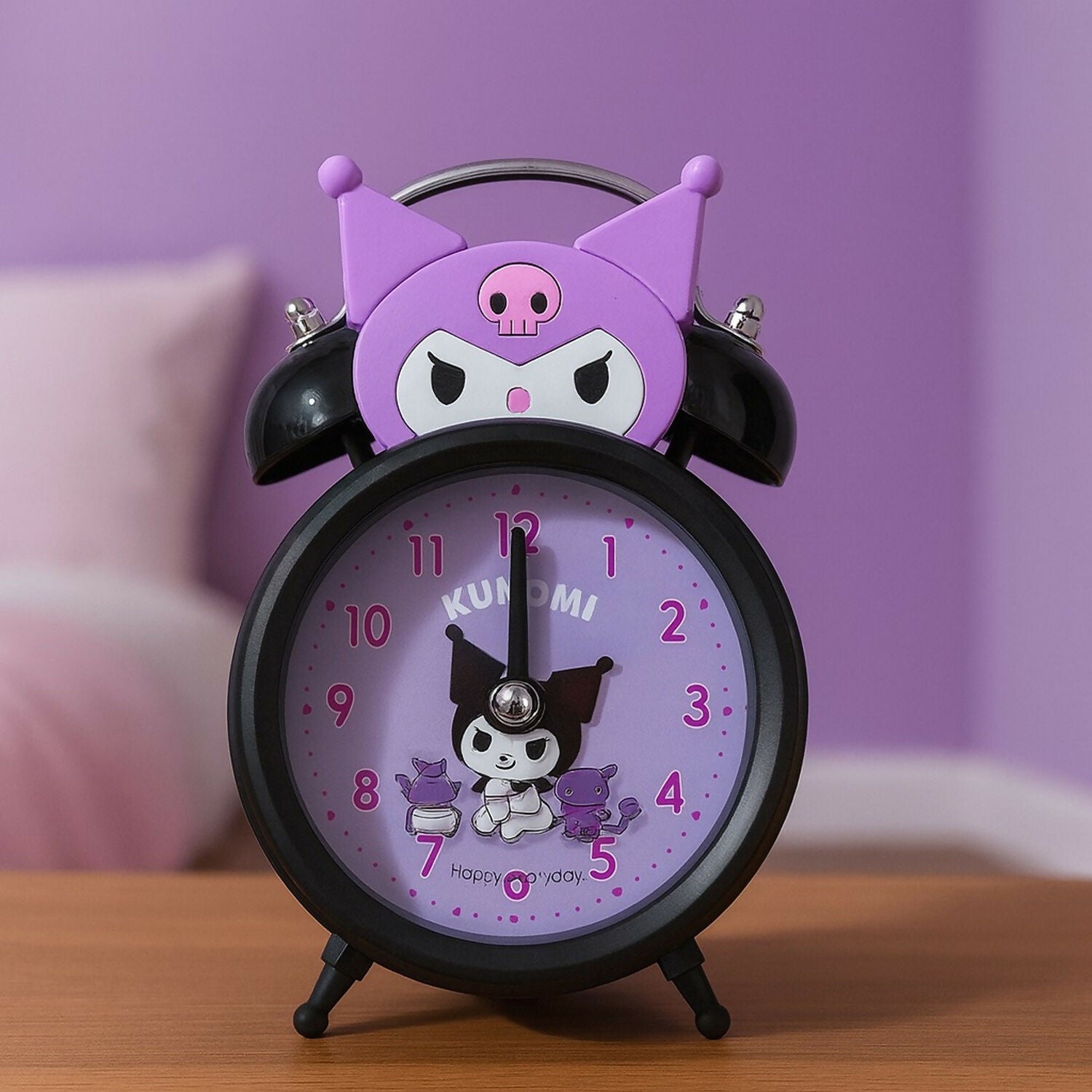 Cute Cartoon Kids Alarm Clock with Night Light, Silent Quartz, Purple Black