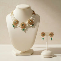 Traditional Gold-Plated Kundan Pearl Choker Necklace Set with Emerald Green Drops and Matching Earrings