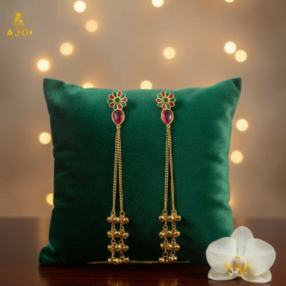 Kashmiri Gulbahar Gold Plated Long Chain Drop Earrings with Red & Green Stones