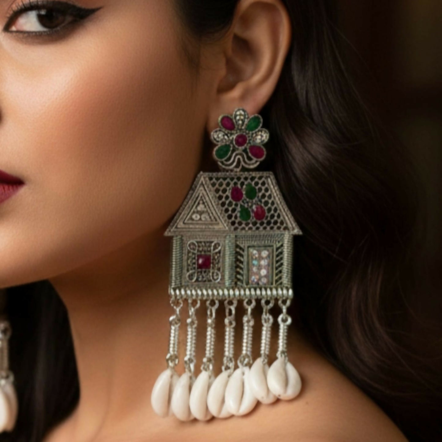 Oxidized Silver House-Shaped Earrings with Multicolor Stones & Shell Danglers