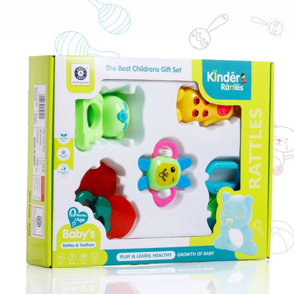 A vibrant 6-piece baby rattles and teethers toy set is presented in its open packaging, with a white background.