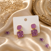 Regal Purple Crystal & Enamel Square Drop Earrings – Golden-Plated Imitation Statement Studs