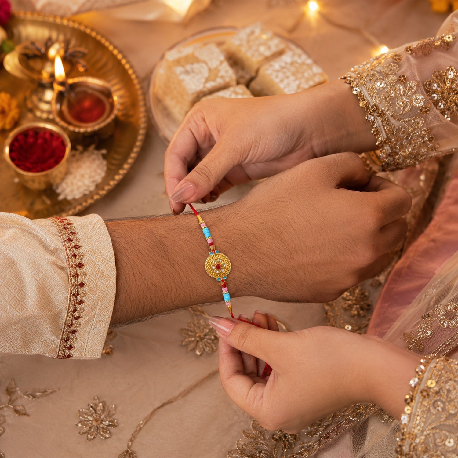 Close-up of elegant Round Diamond Designer Rakhi centerpiece
