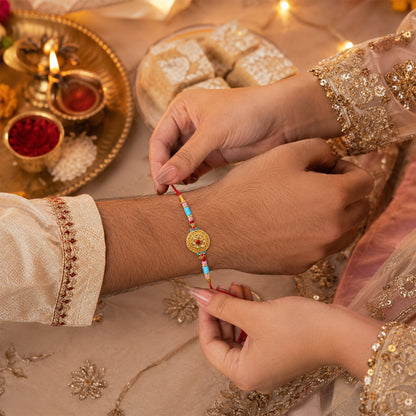 Close-up of elegant Round Diamond Designer Rakhi centerpiece