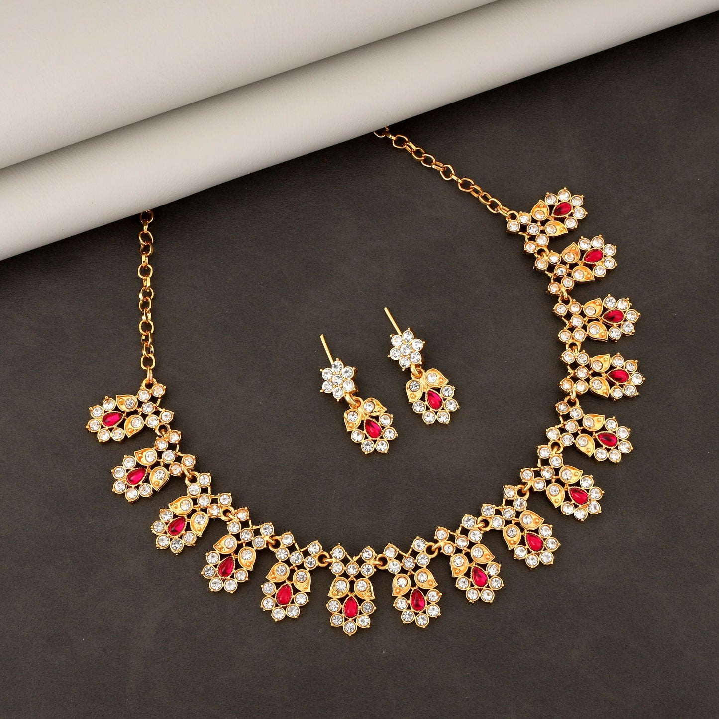 Traditional Gold-Toned Ruby & American Diamond Floral Set