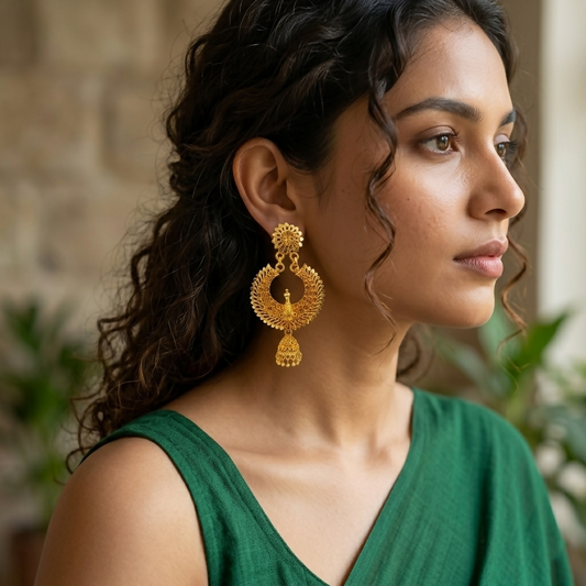 Detailed gold finish jhumka earrings perfect for festive occasions