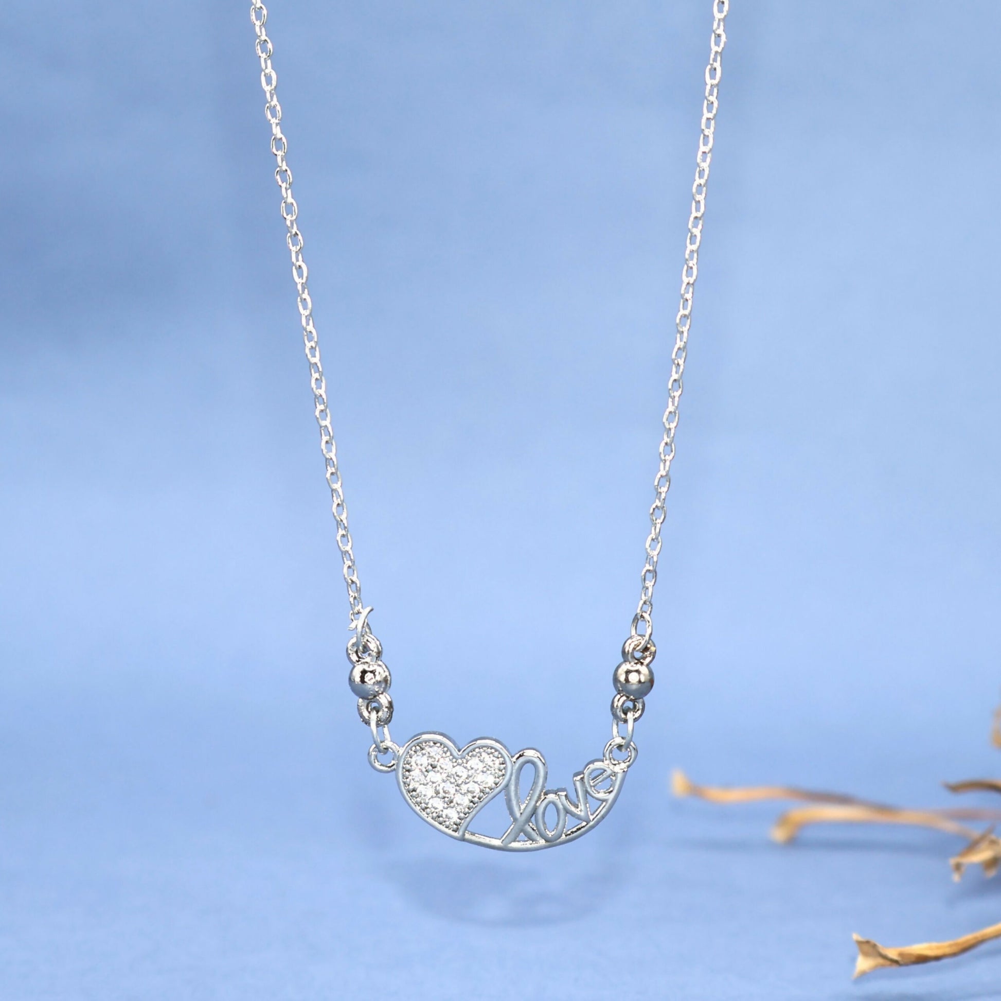 Silver Tone AD Pave Heart & Script 'Love' Pendant Necklace For women and girls