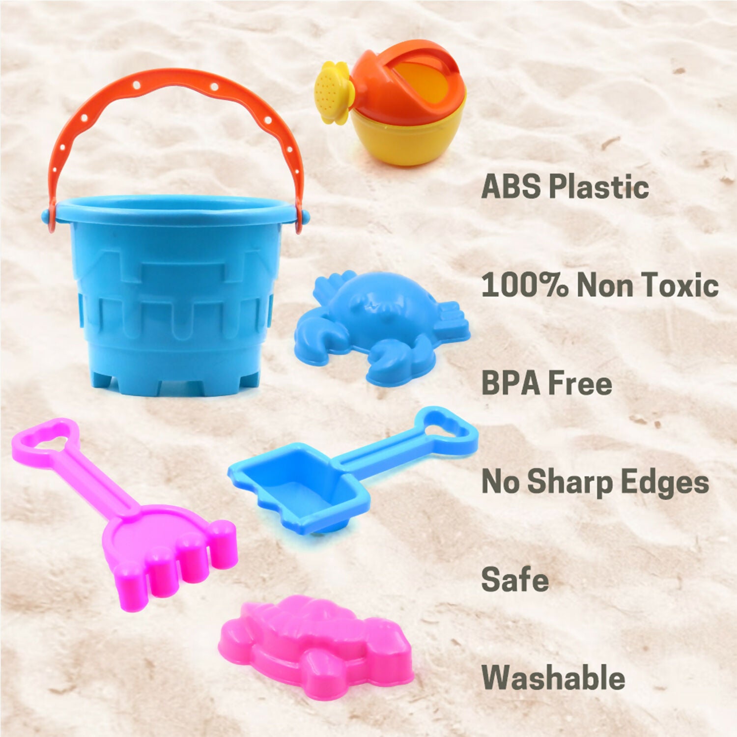 Aditi Kids Beach Sand Toy Set with Bucket, Shovels and Moulds, Safe ABS Plastic Play Set 6PC