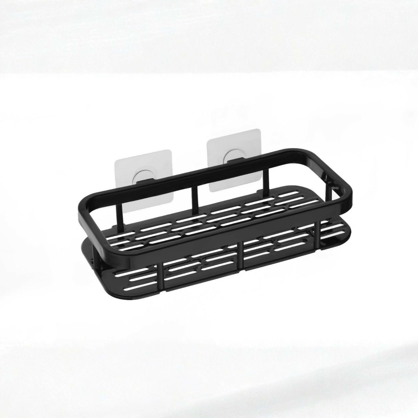 Matte black wall mounted shower caddy with drainage