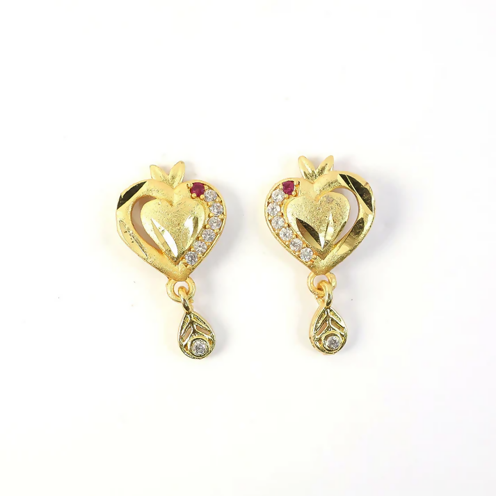 Heart Shaped Gold Finish Earrings With Crystal Border And Delicate Hanging Drop