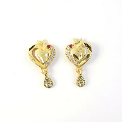 Heart Shaped Gold Finish Earrings With Crystal Border And Delicate Hanging Drop