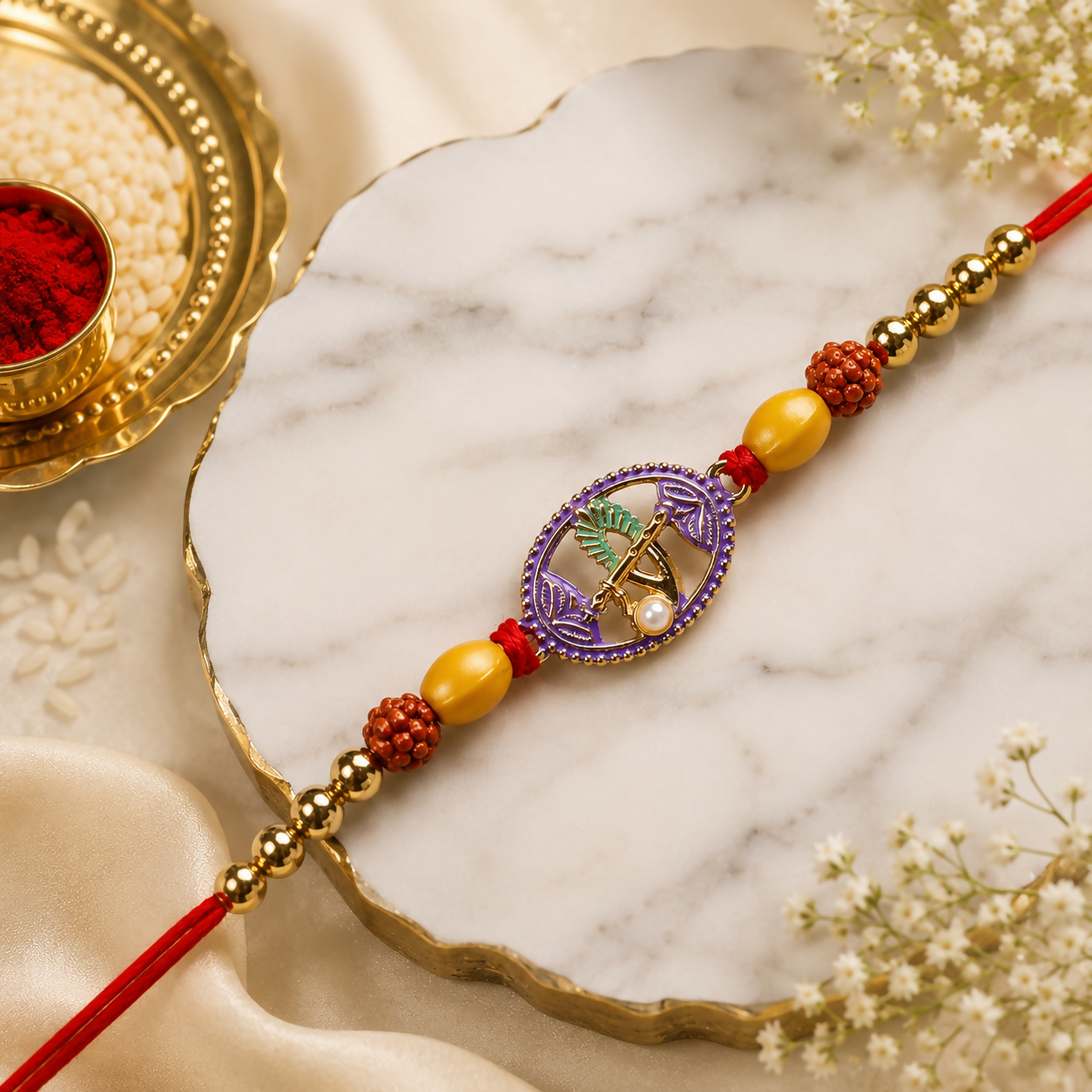 A red thread bracelet with a purple oval charm and beads lies on a white marble surface, with a gold bowl of rice and red