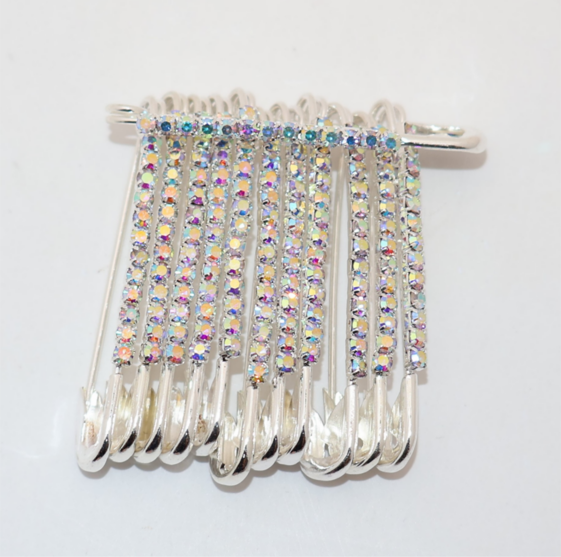 Rainbow Rhinestone Silver Saree Pin Brooch Set (12pcs, 4cm, Medium)