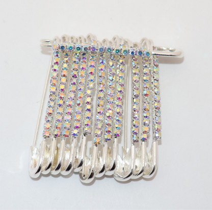 Rainbow Rhinestone Silver Saree Pin Brooch Set (12pcs, 4cm, Medium)