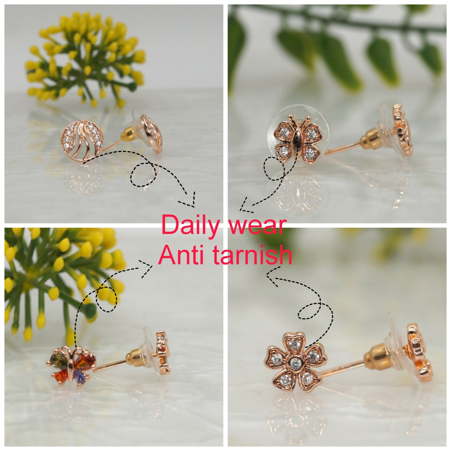 Sparkling Rose Gold Stud Earrings Set - Butterfly & Flower Designs for women and girls Combo Pack of 4