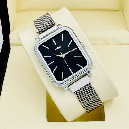 Silver Square Analog Watch with Mesh Strap