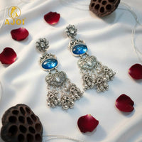 Handcrafted Oxidized Silver Turquoise Stone Jhumka Earrings with Intricate Filigree Work and Multi-Drop Danglers
