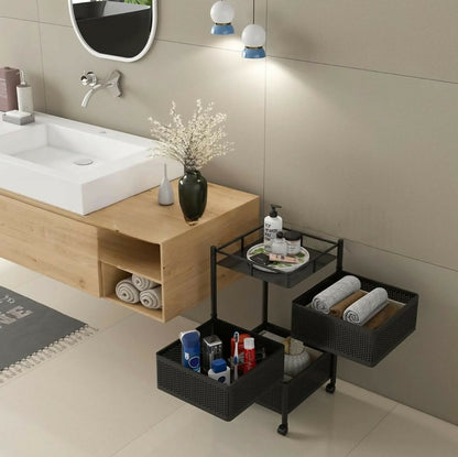 Square stainless steel kitchen trolley in corner, ventilated baskets for storage