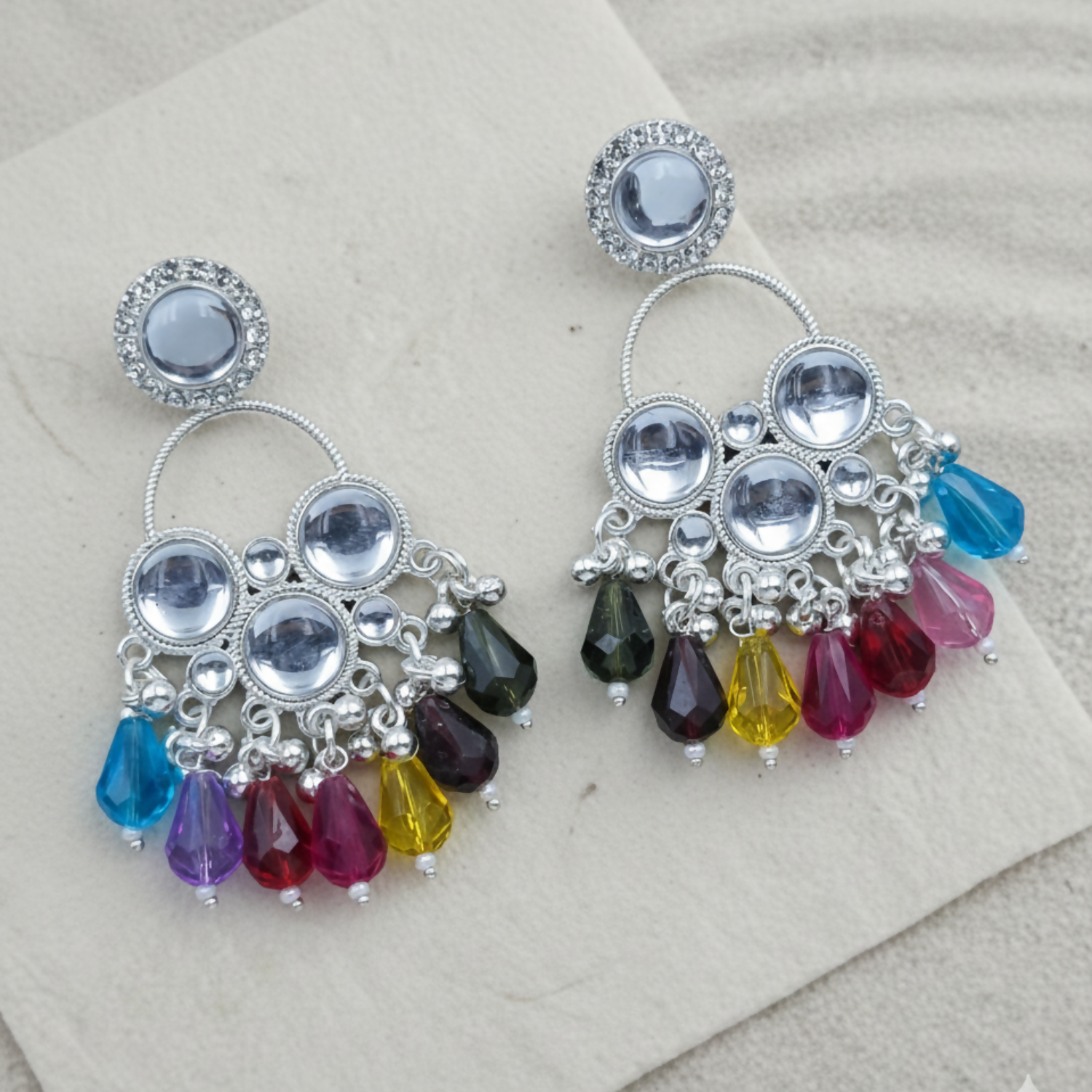 Kundan Colourfull Pearl Silver Plated Chandbali Earrings Agate Alloy Chandbali Earring