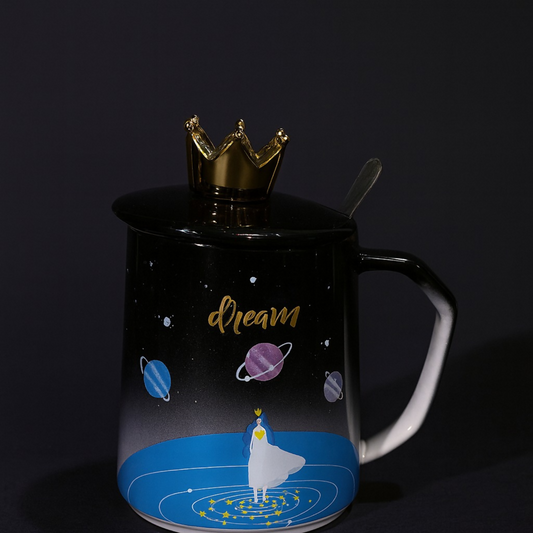 Premium Ceramic Dream Mug with Golden Crown Lid & Spoon | Luxury Galaxy Theme Coffee & Tea Cup for Home, Office & Gifting | Cute Designer Mug with Lid for Hot Beverages | Ideal Birthday, Anniversary & Festive Gift