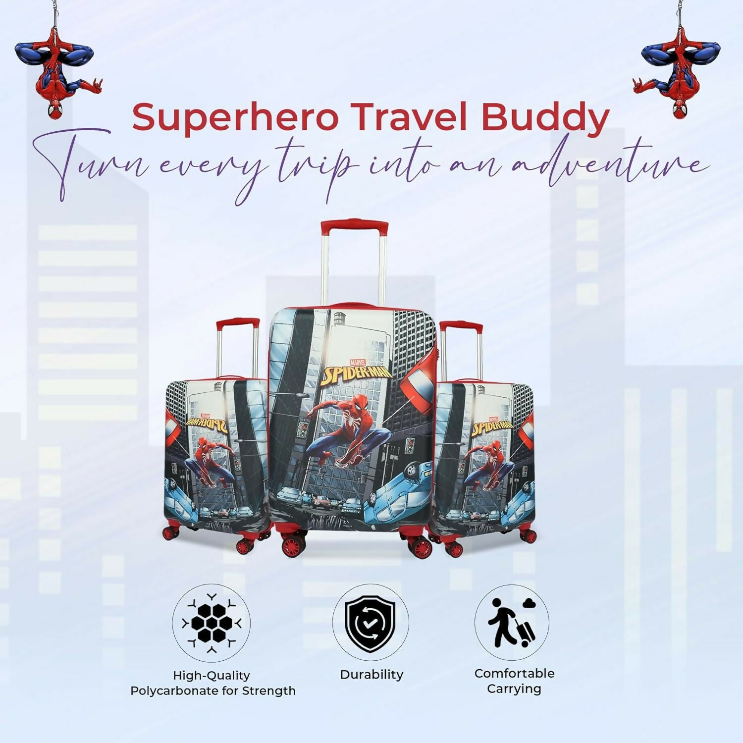 Novex Marvel Spiderman Kids Polycarbonate Trolley Bag for Boys Travel Luggage with 4 Spinner Wheel (18 Inch)