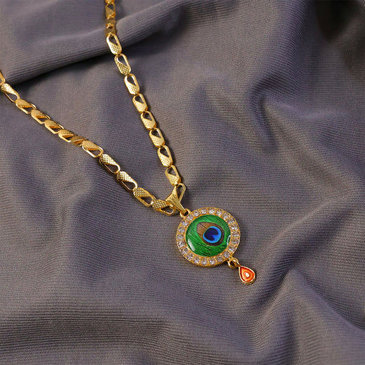 Peacock Feather Stone Pendant Gold Chain Necklace