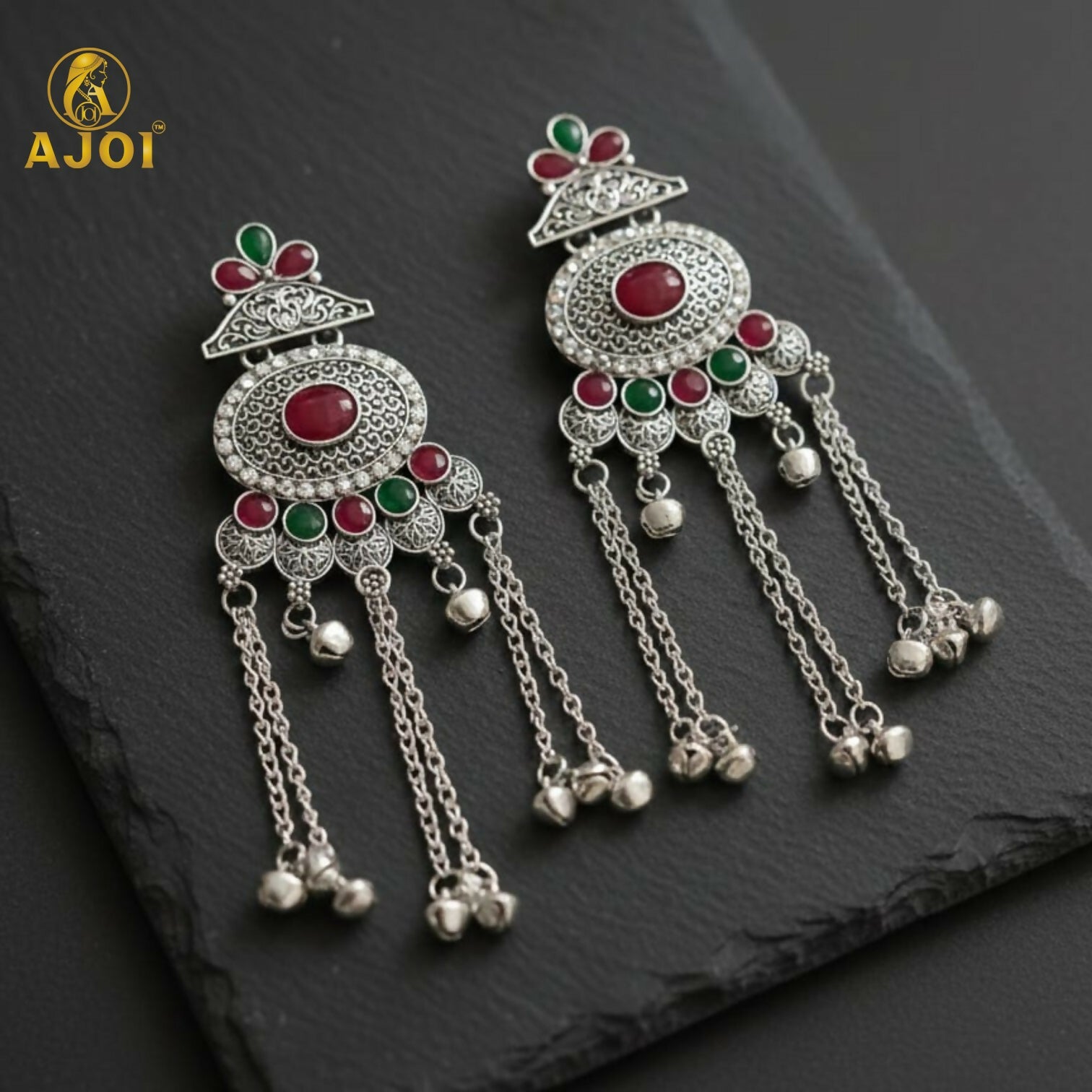 Kashmiri Style Oxidised Silver Long Earrings For Women And Girls