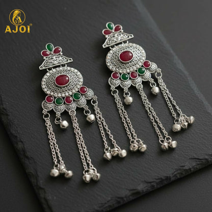 Kashmiri Style Oxidised Silver Long Earrings For Women And Girls