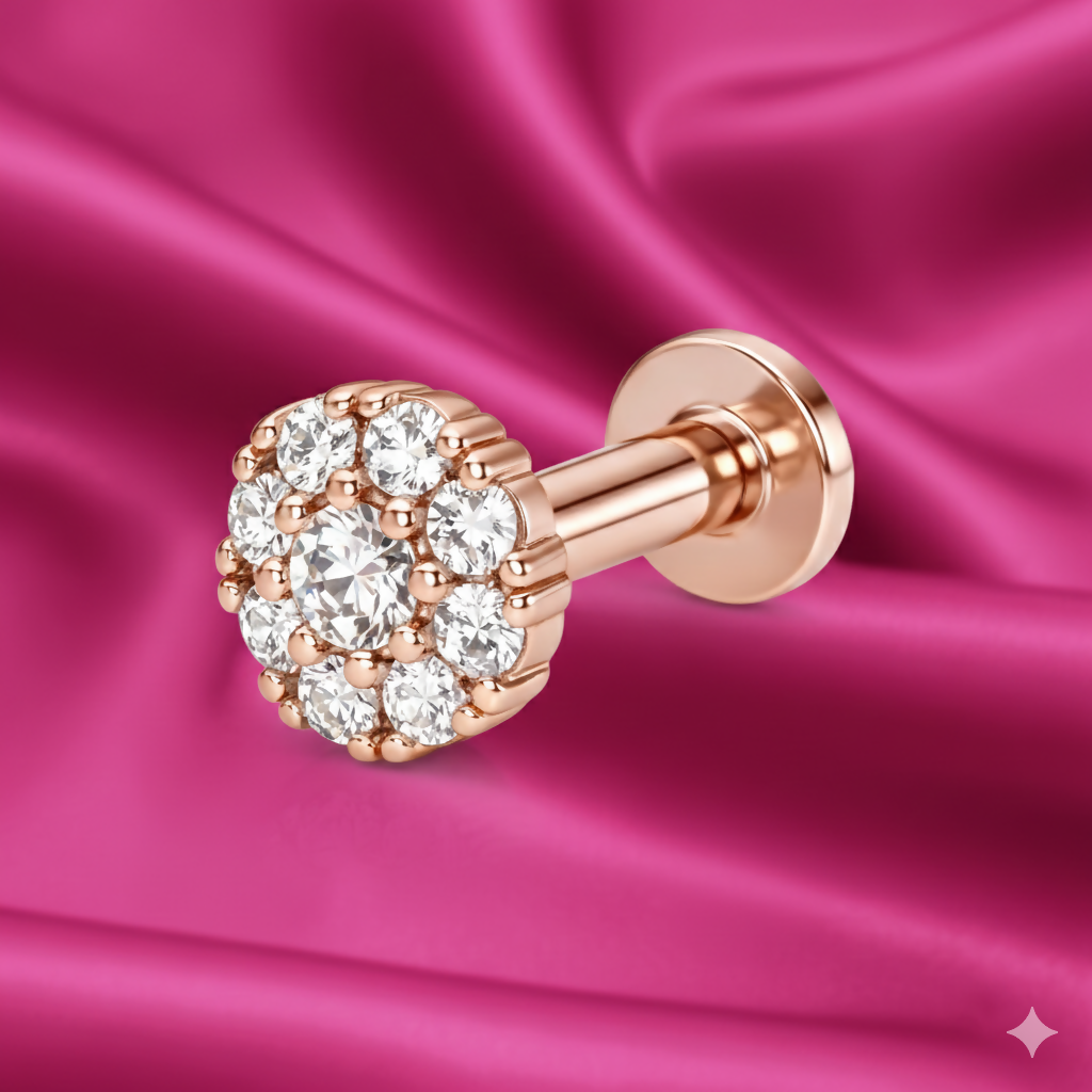 Rose gold AD cluster flat back stud earring front view showing diamond floral design