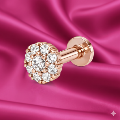 Rose gold AD cluster flat back stud earring front view showing diamond floral design