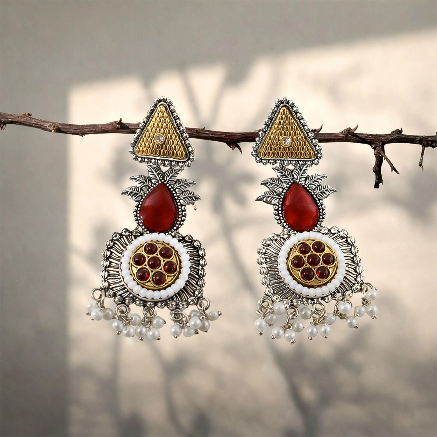 Elegant Oxidized Silver Statement Earrings with Dual Tone Accents & Pearl Drops