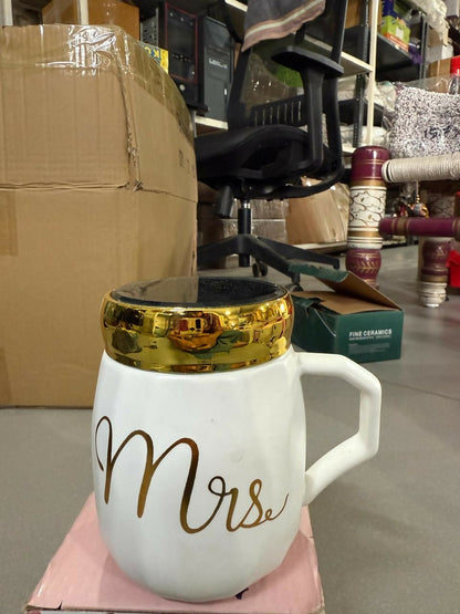 Mrs Ceramic Mug with Golden Lid & Handle | Premium Designer Tea & Coffee Cup for Women | Elegant Mrs Print Gift Mug | Heat-Retaining Lid | Perfect Gift for Wife, Girlfriend, Sister & Mom | Stylish Home & Office Mug (Mrs Edition)