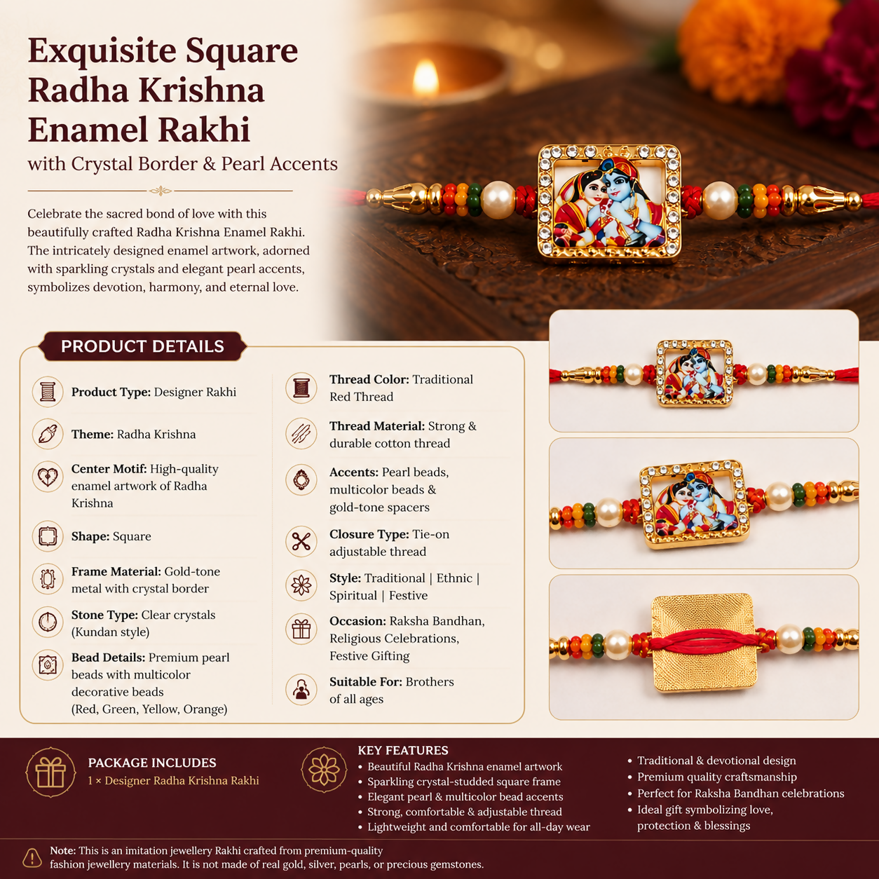 A product detail graphic shows the square Radha Krishna enamel charm with crystal border and pearl accents on a red thread.