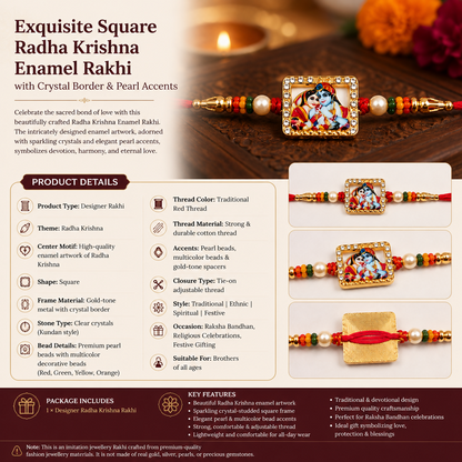 A product detail graphic shows the square Radha Krishna enamel charm with crystal border and pearl accents on a red thread.