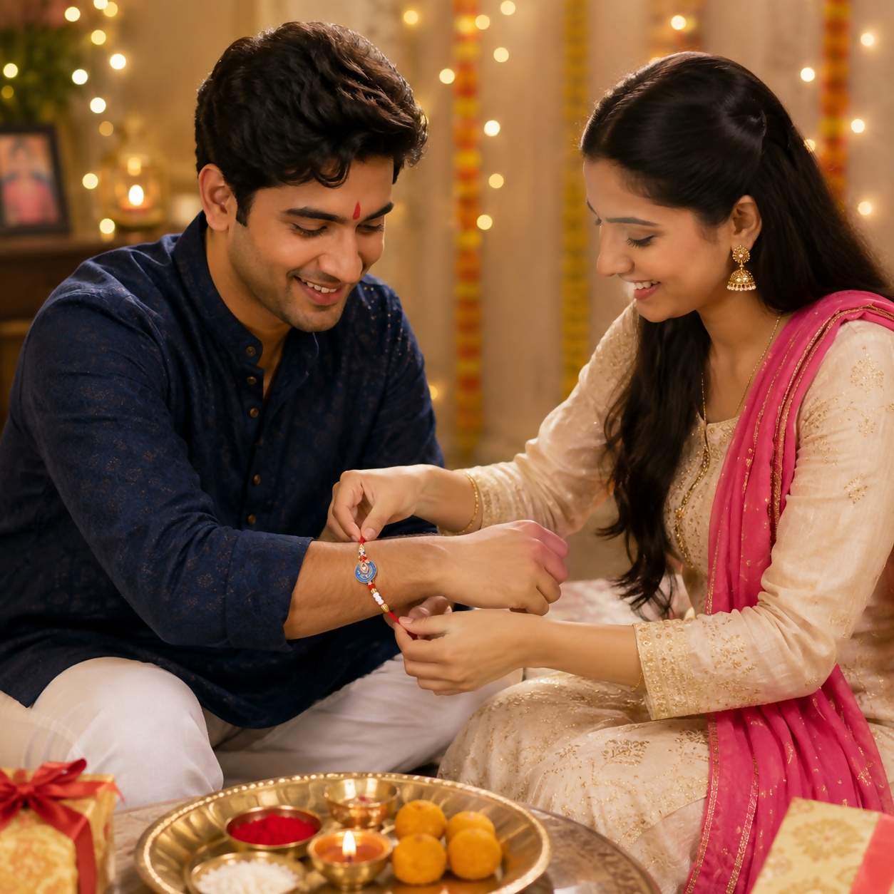 A woman ties a red, blue, and gold peacock charm bracelet onto a man's wrist, with a tray of sweets and a lit diya in the
