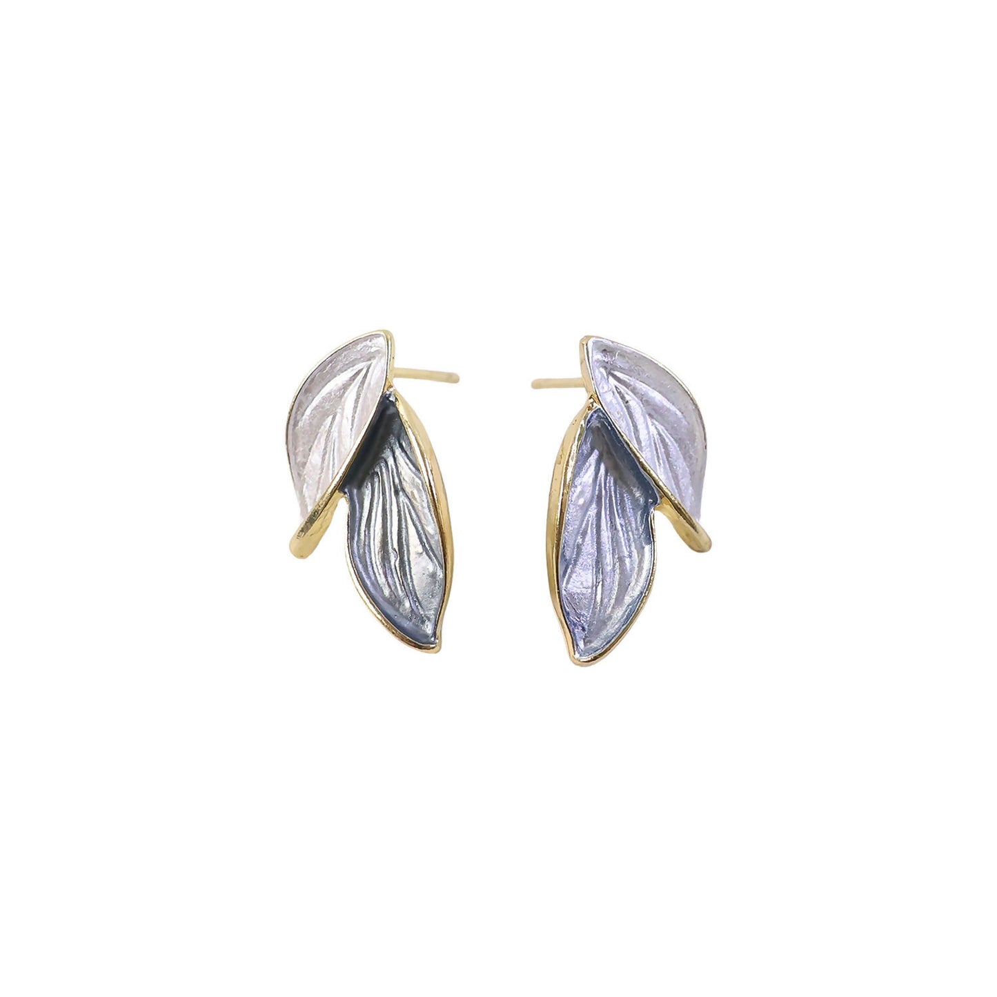 Leaf stud earrings displayed with pearl necklace