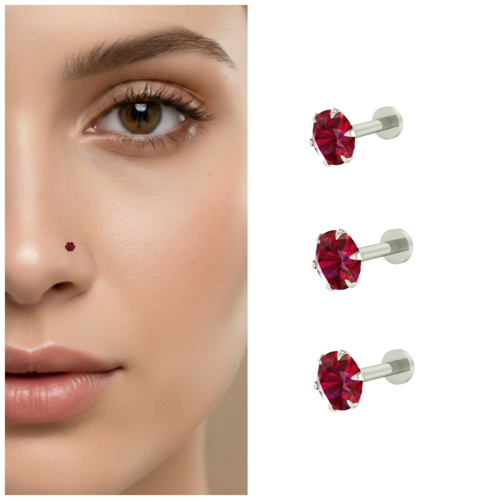 Single silver-plated nosepin stud with vibrant red ruby cubic zirconia stone