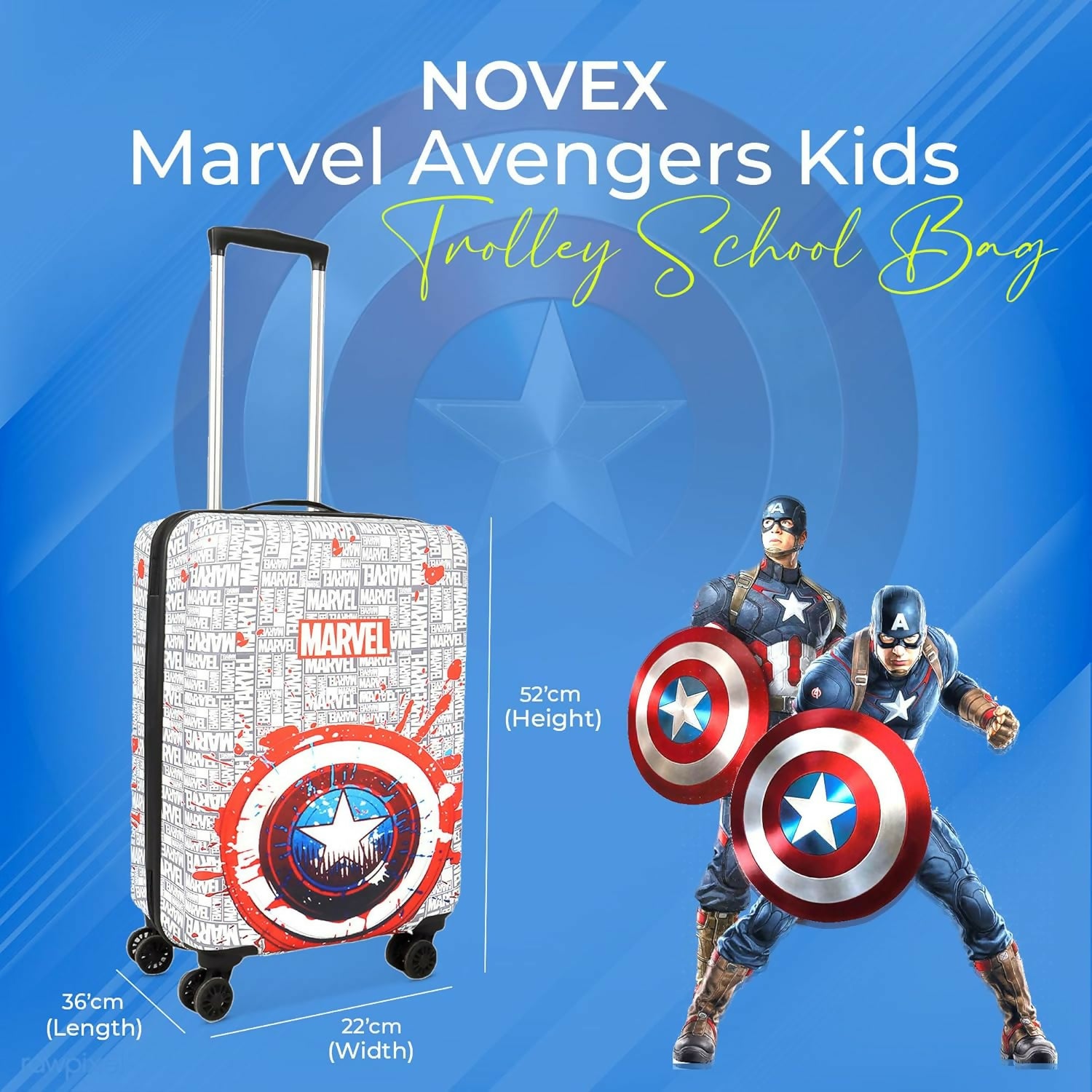 Novex Marvel Captain America Kids Polycarbonate Trolley Bag for Boys Travel Luggage with 4 Spinner Wheel (White-Red/22 Inch)