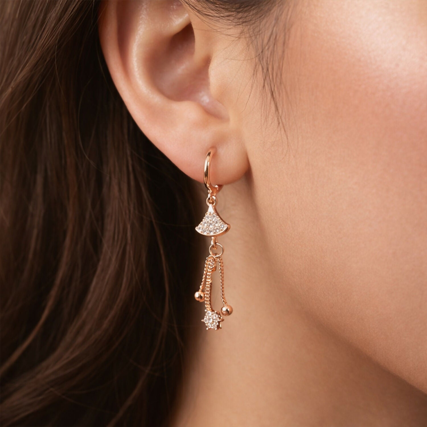 Rose Gold-Tone Crystal Fan Drop Hoop Earrings for Women