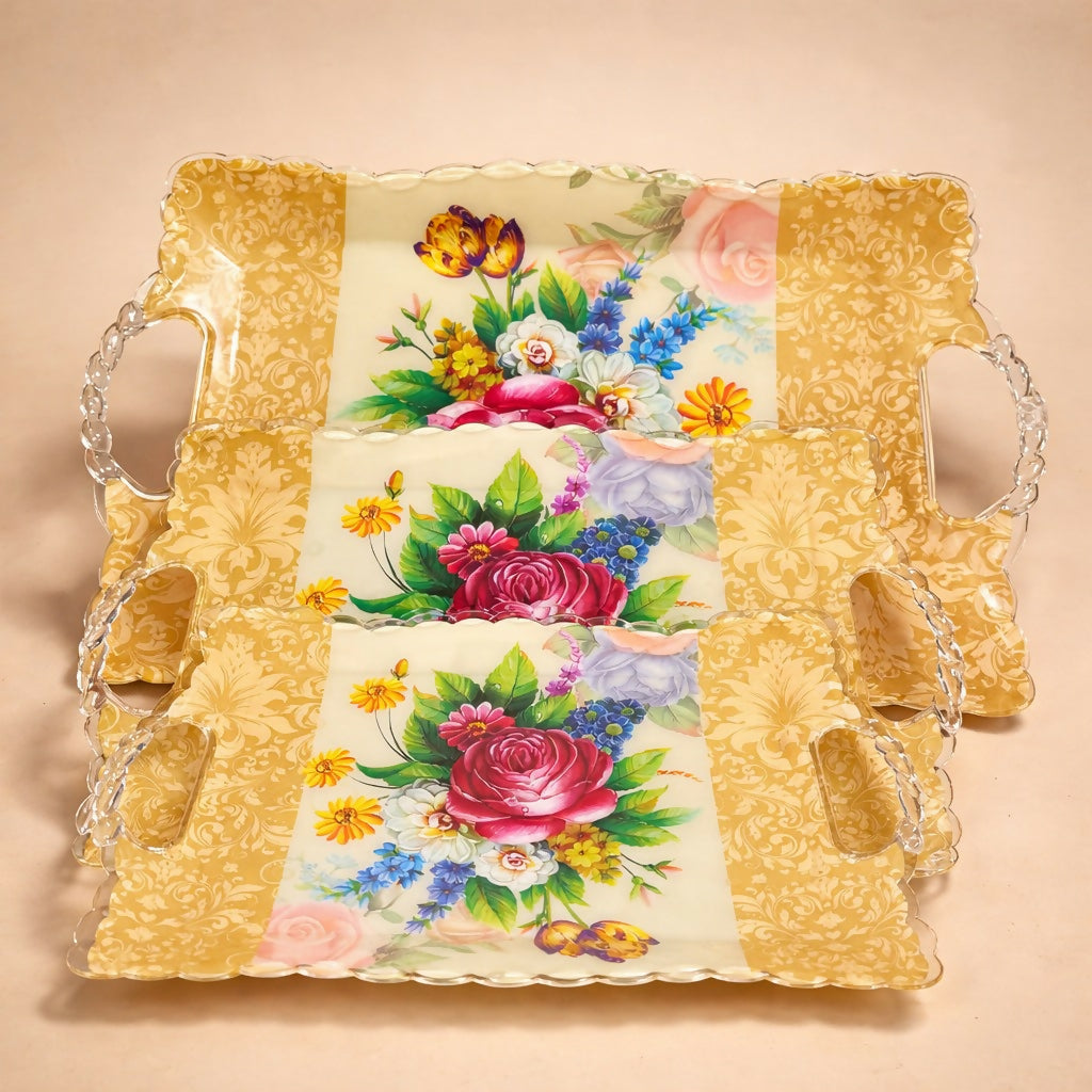 Floral Printed Serving Tray Set of 3 with Handles Multipurpose