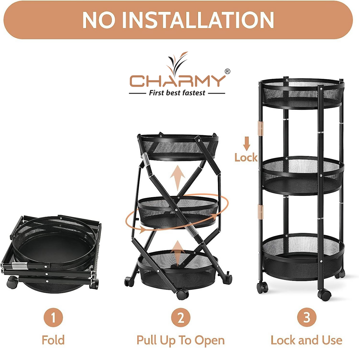 Collapsible 3-Tier Kitchen Trolley with Wheels | Foldable Metal Mesh Storage Rack | Heavy-Duty Vegetable & Fruit Basket Stand | Multipurpose Utility Cart for Home & Office