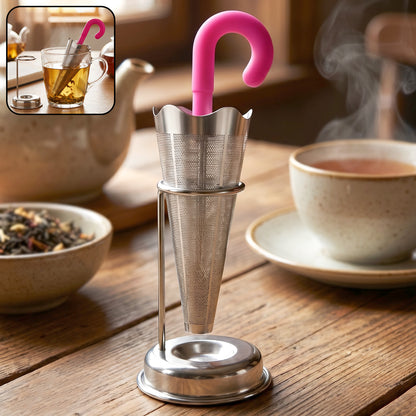 Stainless Steel Umbrella Tea Strainer with Stand Drip Tray Reusable Tea Infuser Filter (1 Pc)